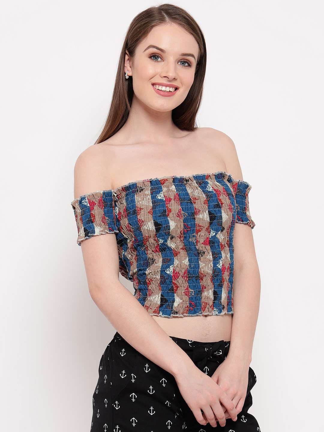 Women's Rayon Printed Off-Shoulder Smocked Crop Top Short Sleeve Casual Styles Tank Top (FREE SIZE) Multi38